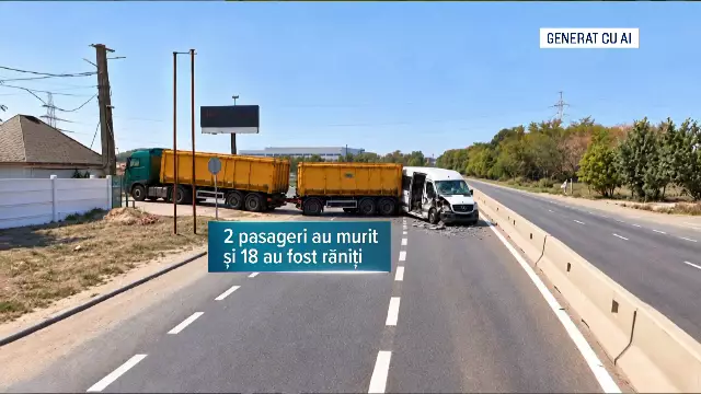 ANIMAȚIE. Cum a ajuns microbuzul cu 26 de oameni să intre în remorca unui camion, în Buftea. Doi pasageri au murit pe loc