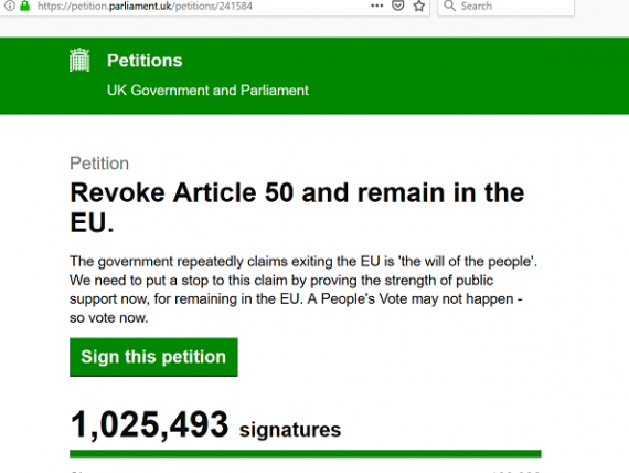 O petiție prin care se cere revocarea Brexitului ajunge la un milion de semnături, la mai puțin de 24 de ore